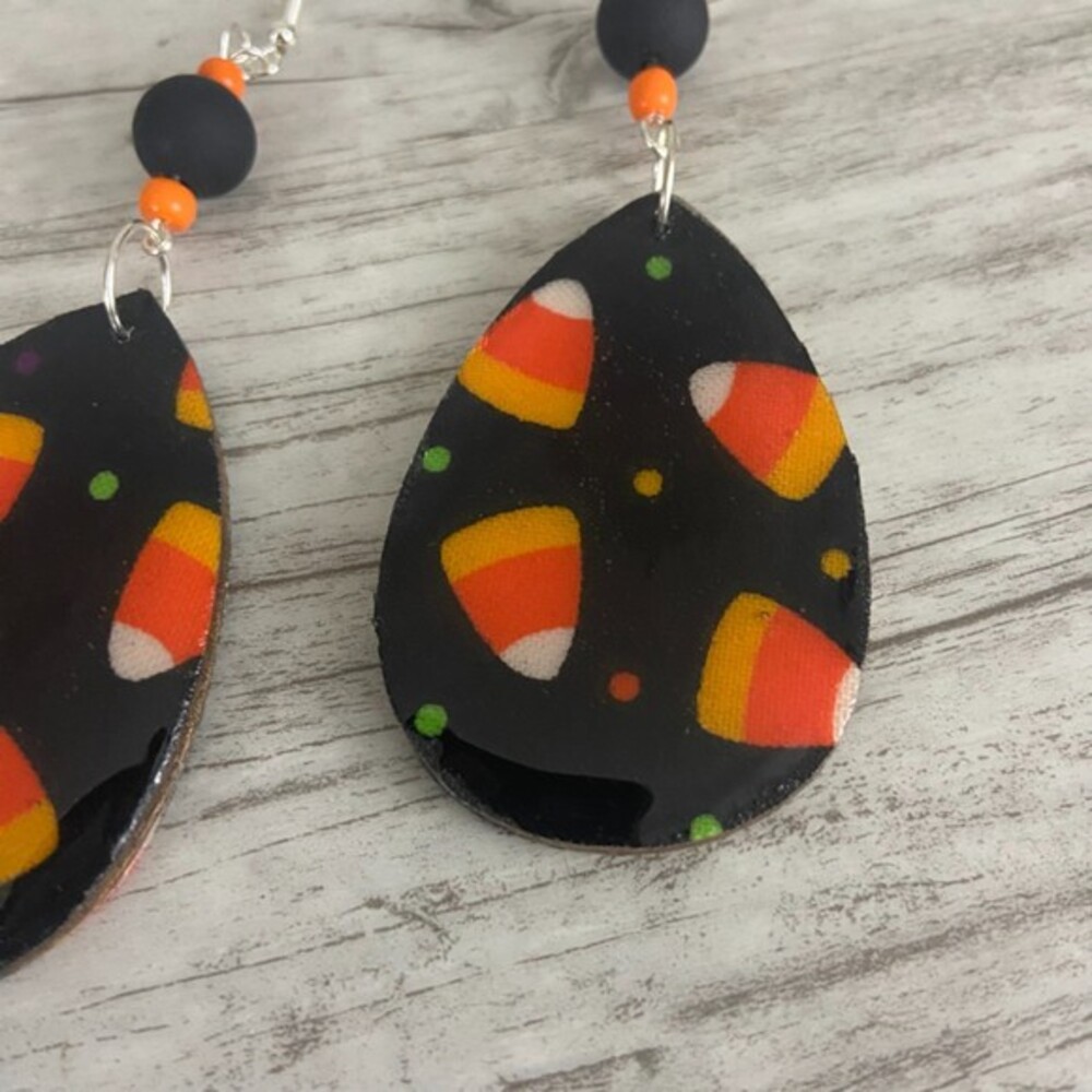 Candy Corn Earrings Black Orange Tear Drop Dangle Beaded French Wire Silver